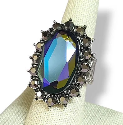 Adjustable Mystic Topaz & Rhinestone Silver Tone Oversized Flower Statement Ring - Image 1 of 4