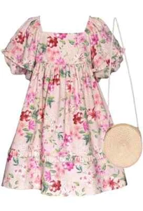 NWT Bonnie Jean Girls 10 Short Sleeve Natural Linen Pink Floral Dress Purse Set - Picture 1 of 2