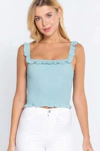 Women's Cropped Smocking Ruffle Cami Woven Top Tank Soft Stretch Midriff Shirt - Picture 1 of 4