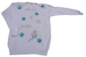 Vintage Jumper Womens 80s Long White Floral Sequinned Retro Boho 18 - Picture 1 of 2