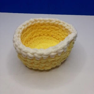 Handmade Crocheted Basket Bowl New Yellow White Plant Cover Decor Candy Dish - Picture 1 of 5