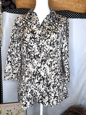 Dana Baughman Women’s Button Front Tunic Top Black White Tan Cotton Blend L - Image 1 of 4