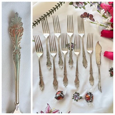 RAPHAEL 9 Dinner Forks &Twisted Butter Knife ROCOCO Rodgers Silverplate Pat 1896 - Image 1 of 4