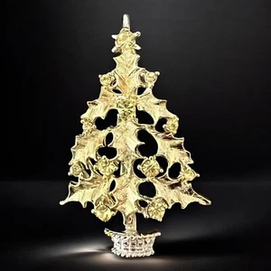 Gold Tone Christmas Tree Brooch Citrine Rhinestones Holiday Pin Vintage - Picture 1 of 9