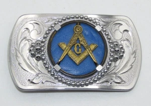 MASONIC FREEMASON BELT BUCKLE - SILVERTONE with BLUE LEATHER INLAY - Picture 1 of 3