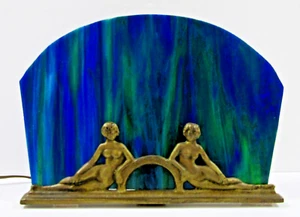 French Art Deco Figural Bronze Blue Slag Glass Table Lamp - Picture 1 of 14