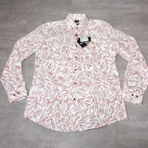 Hugo Boss White Red Floral Button Down Slim Fit Stretch Collar Shirt Large NWT - Picture 1 of 8