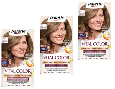 SCHWARZKOPF 3x Palette Vital Color Intensive Creme-Haarfarbe, 7-1 Kühles Dunkelblond 115ml