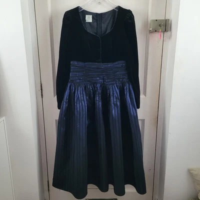 Винтажный Laura Ashley бархата тафта платье размер 14 16 черный синий вечеринки Рождество - Изображение 1 из 4