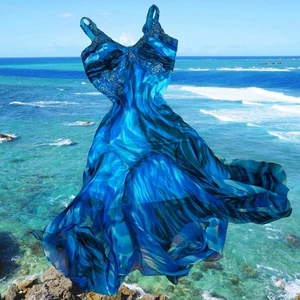 Vintage Ocean Blue Silk Maxi Dress w/ Beaded Sequin Bodice High-Low Size 12 Prom - Picture 1 of 13