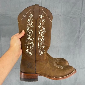 Stivali western REYWELT pelle donna 7,5 marrone ricamato floreale punta quadrata - Foto 1 di 10