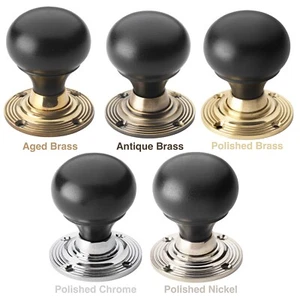 Ebonised Black Wood Round Bun Rim Mortice Door Knobs Knob Pair Set Quality New - Picture 1 of 6