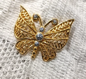 Ali Butterfly Lapel Pin Brooch Gold Toned Open Work Metal w/Clear Rhinestones - Picture 1 of 3