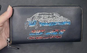 COACH 1941 Rogue Race Car Wallet Black Leather Accordian Zip Red Interior Sequin - Picture 1 of 10