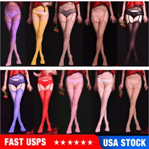 Women Thigh High Stockings with Garter Belt Oil Shiny Glossy Stocking Set - Picture 1 of 22