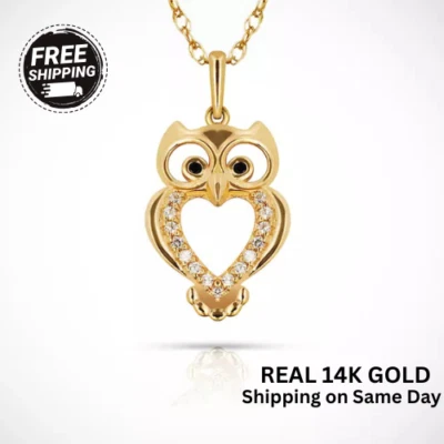 Colgante de búho circonita cúbica de oro amarillo y blanco de 14 k para mujer joyería Foto 1 de 3