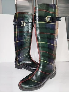 Ralph Lauren Rossalyn II Rain Boots Sz 7 Grn Navy Blu Plaid Excellent Condition - Picture 1 of 13