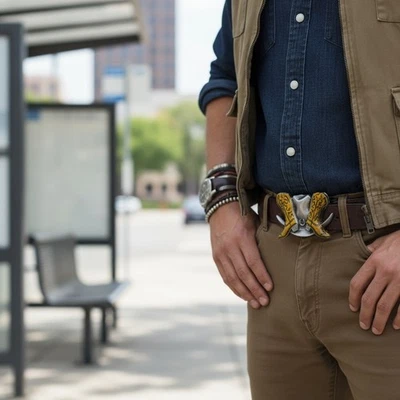 Metallo Argento Uomo Cintura Fibbia Western Moda Marrone Boot Cowboy Hat Weekend - Immagine 1 di 4