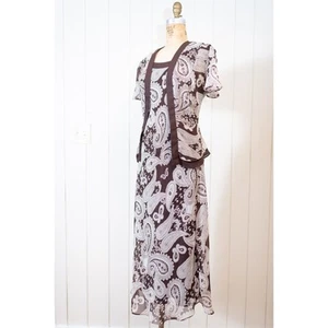Vintage Y2K Brown Paisley Chiffon Maxi Dress, Flowy Fairycore Boho Dress Size 8 - Picture 1 of 15