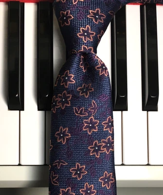 PERRY ELLIS / Slim Floral Fantasy Poly Tie in Purple, Peach & Navy Blue (NEW) - Image 1 of 4