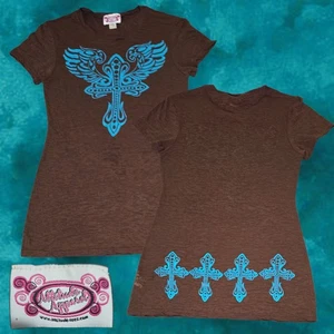 Attitude Apparel Women's S/s Burnout Fitted Shirt Y2K Cross Angel Wings Brown XL - Picture 1 of 7