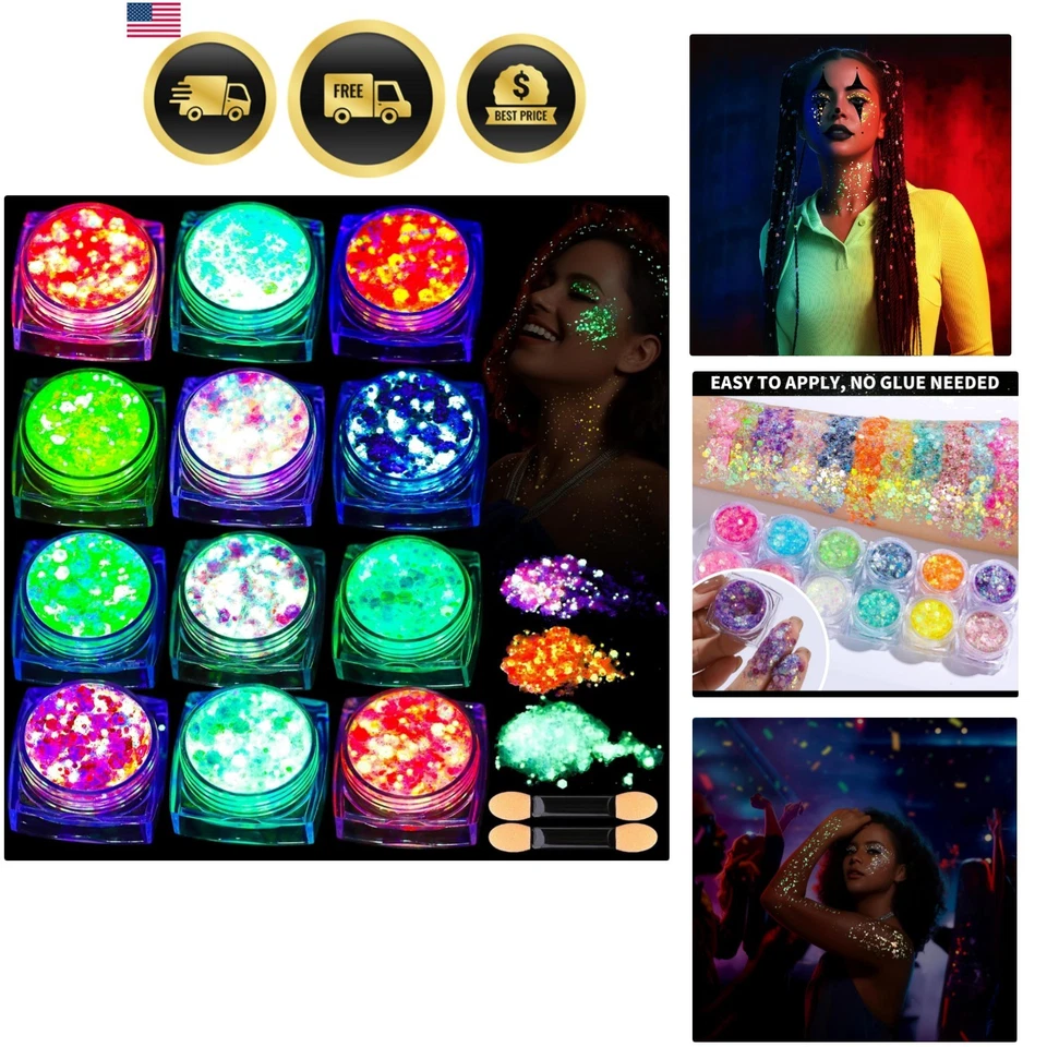 Glow in The Dark Glitter Gel Face Body Hair UV Black Light Rave Festival - Image 1 of 4