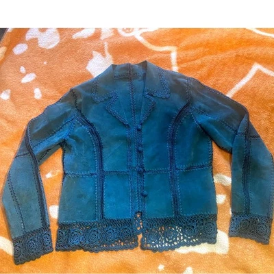 Chaqueta Boho Patchwork Gamuza Crochet Ribete Azul Teal Para Mujer Informal Blazer Foto 1 de 4