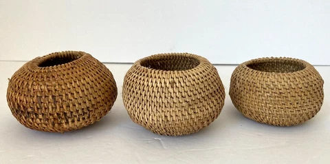 LOT of (3) ANTIQUE VINTAGE SMALL ROUND TIGHTLY WOVEN BASKETS ~ 3 1/4" Cover