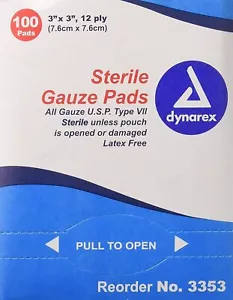 Dynarex Sterile Gauze Pads Peel-Down Pouch 3 in x 3 in 12 Ply 100 ct Pack of 6 - Picture 1 of 1