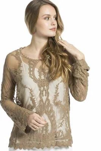 JAYLEY Mocha Vintage Inspired Lace Long Sleeved Top One Size - Picture 1 of 4