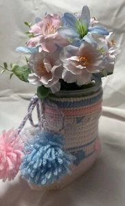 Plastic Canvas Pink, Blue and white Baby Bootie With Silk Flowers - Picture 1 of 5