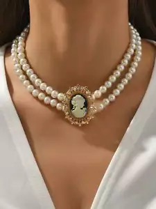 Female Figure Pearl Beaded Necklace Vintage Style Statement Necklace Modern - Picture 1 of 4