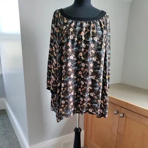 DR2 Tunic Blouse Plus Size Scoop Neck 3/4 Sleeve Floral Top Black 5x Hi Low hem - Picture 1 of 9