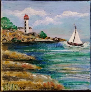Mini Gemälde Geschenk Leinwand 4""x4"" ""Leuchtturm & Segelboot"" von Melmae Art - Bild 1 von 2