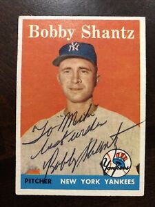 BOBBY SHANTZ 1958  TOPPS AUTOGRAPHED SIGNED AUTO BASEBALL CARD 419 YANKEES