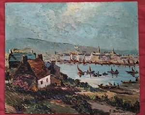 Belle huile du XXe siècle par Etienne Bellan " pêcheurs dans la baie en Bretagne - Picture 1 of 2