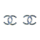 Chanel Cc Logos Blue Rhinestone Stud Earrings Silver Tone A15p Auth D-H1133