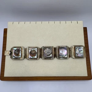 Vintage Taxco Sterling 925 Abalone Panel Armband 1940er-50er Azteken Design 56g 6" - Bild 1 von 14