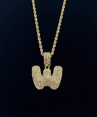 "Colgante enchapado en oro circonita helada inicial letra 'W' 1,75"" y collar de cadena de cuerda 24""" Foto 1 de 3