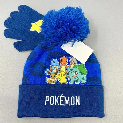 Juego de guantes sombrero de invierno Pokémon para niños pequeños talla 2T - 5T Pom Pom azul Pikachu Eevee Foto 1 de 3