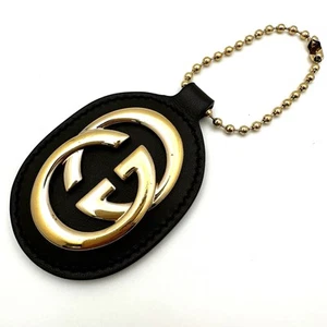 GUCCI Sukey Bag Charm Key chain Interlocking Gold GG Logo Double G Black Leather - Picture 1 of 8