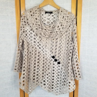 Yushi laser-cut, cowl neck, long-sleeve tunic top with asymmetric hem tan - Image 1 of 4