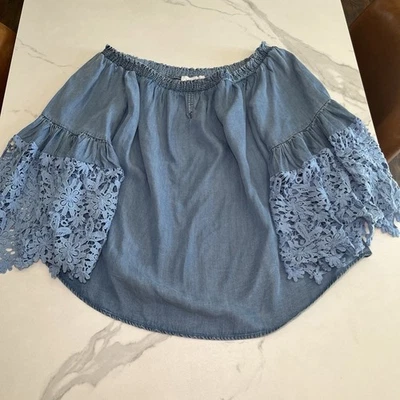Top de encaje Joseph Ribkoff fuera del hombro para mujer talla 14 campesino boho azul cambray Foto 1 de 4