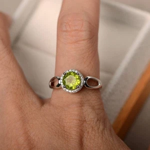 925 Sterling Silver Green Peridot Ring Round Natural Gemstone Dainty Women Ring - Picture 1 of 5