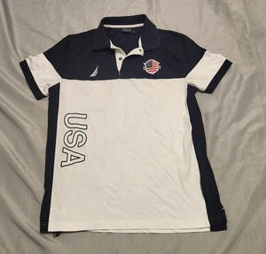 Nautica Mens Rugby Polo Shirt Large USA Logo Spell Out Patriotic Cotton - Picture 1 of 12