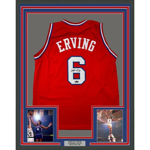 Framed Facsimile Autographed Julius Dr. J Erving 33x42 Red Reprint Auto Jersey Cover