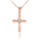 Solid 10K Rose Gold Dainty Accent Solitaire Diamond Cross Pendant Necklace