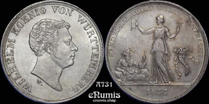 Germany, Wurttemberg, Wilhelm I, Taler 1833, Toned, aUNC - Picture 1 of 6