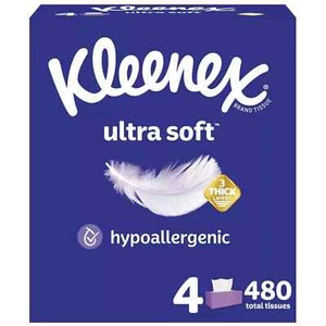 Kleenex Ultra Soft Facial Tissues, 4 Flat Boxes, 120 Tissues per Box - Picture 1 of 10