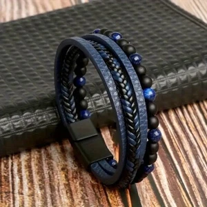 Men PU Leather Bracelet Braided Multi-Layer SS Clasp Jewelry BLUE USA Seller - Picture 1 of 2